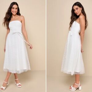 LULU's Bridal Shower Reception Engagement Strapless Tulle Midi Dress NWOT